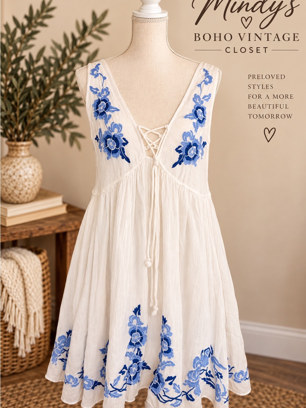 Boho White Chemise with Blue Floral Embroidery